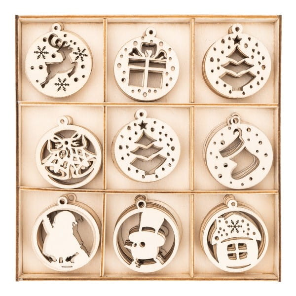 Streu-Deko, Holz, Baumschmuck, 8 Designs, 7x 7 Stück, 1x 14 Stück 1,6mm stark, natur, 63 Teile