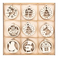 Streu-Deko, Holz, Baumschmuck, 8 Designs, 7x 7 Stück, 1x 14 Stück 1,6mm stark, natur, 63 Teile