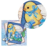 Diamond-Painting-Grußkarte, Strass, Küken mit Ei und blauen Blüten, 16cm x 16cm, inkl. Zubehör