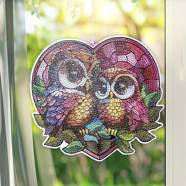 Diamond-Painting-Fensterbild, Glaskunst-Optik, Eulen, 18,2cm x 19,7cm