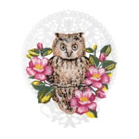 Stick-Design XL, Eule mit Wildrose, 22cm x 19,3cm, farbig, mit Aufhänge-Öse