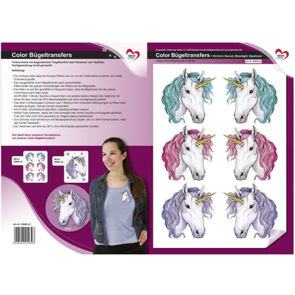 Color Bügeltransfers, DIN A4, Einhorn: Sunset, Moonlight, Daydream