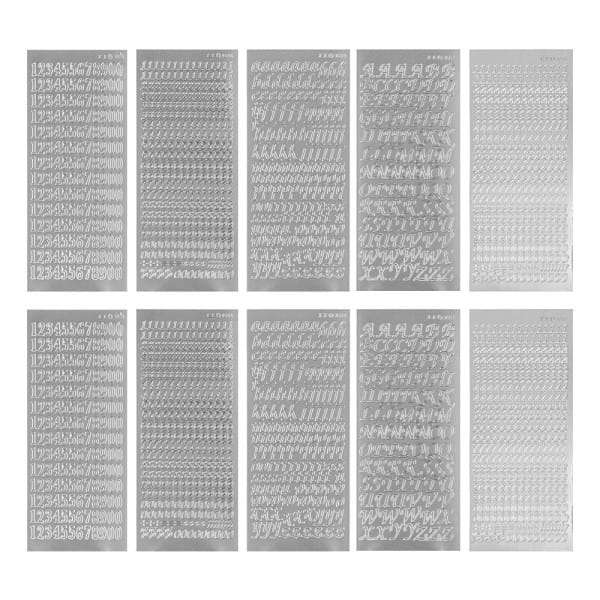 Sticker, Buchstaben und Zahlen, Perlmutt- und Spiegelfolie, versch. Designs, silber, 10 Bogen