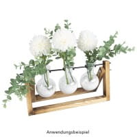 Glas-Vasen im Holzständer, 3 Glas-Vasen: Ø 6,5cm, 10cm hoch, Holzständer: 27cm breit