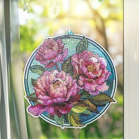 Diamond-Painting-Fensterbild, Glaskunst-Optik, Pfingstrosen, 19,8cm x 19,1cm