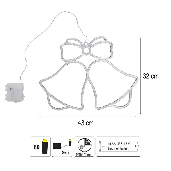 LED-Glocken zum Aufhängen, 32cm x 43cm x 0,5cm, 80 LEDs in Warmweiß