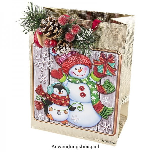 Relief-Sticker, Schneemann & Pinguin auf Holzpaneelen, Holz-& Metallic-Optik, 18cm x 17,5 cm