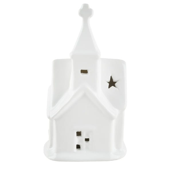 LED-Kirche, Porzellan, weiß, 12,5cm x 7cm x 5,2cm, 1 LED-Lämpchen warmweiß, inkl. 2 Knopfzellen