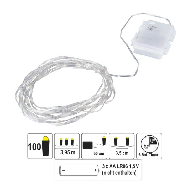 LED-Micro-Lichterkette, warmweiß, inkl. Timer, transparentes Soft-Kabel, 100er