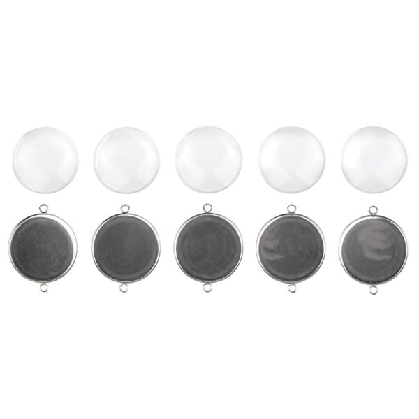 Schmuckanhänger & Cabochons, rund, mit 2 Ösen, Ø27mm, mit passendem Cabochons, Ø25mm, klar, 5 Stück