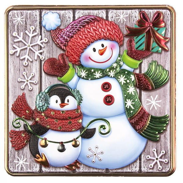 Relief-Sticker, Schneemann & Pinguin auf Holzpaneelen, Holz-& Metallic-Optik, 18cm x 17,5 cm