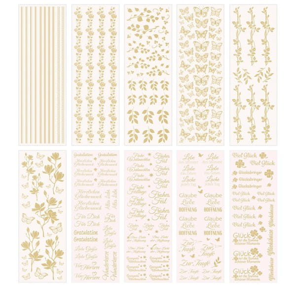 Aqua-Transfers Deluxe, Wünsche, Floristik & Bordüren, 10cm x 30cm, Goldfolie, 10 Bogen