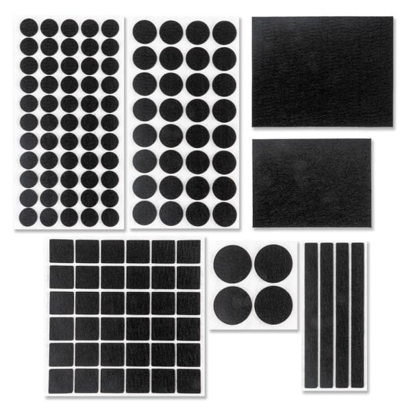 Filzgleiter Mix, 7 verschiedene Formen und Größen, 0,4cm stark, schwarz, selbstklebend, 133 Stück