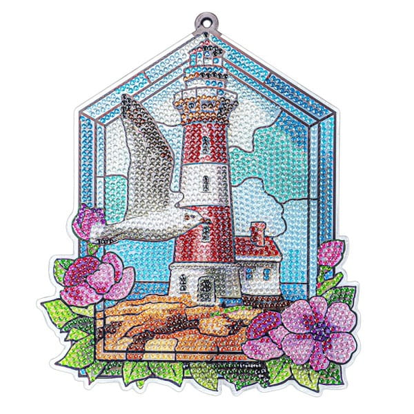 Diamond-Painting-Fensterbild, Glaskunst-Optik, Leuchtturm mit Möwe, 20cm x 17,1cm