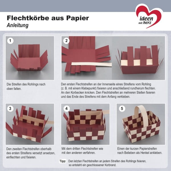 Flechtkörbe aus Papier, zum Selberflechten, 12cm x 8cm x 6,5cm, Pink- & Rottöne, 10 Stück