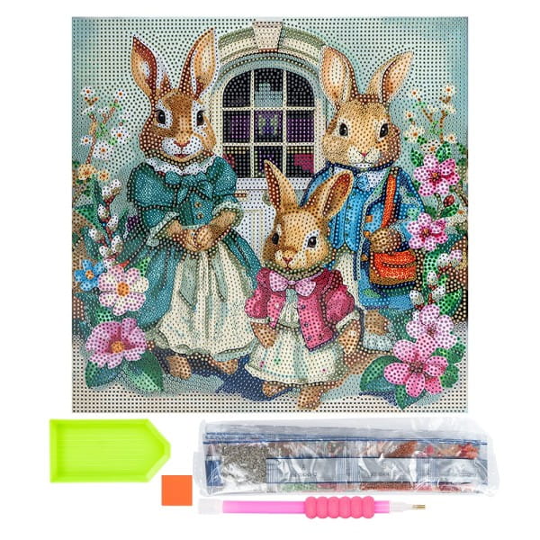 Diamond-Painting-Bild auf Keilrahmen, Hasenfamilie, 30cm x 30cm, inkl. Werkzeug