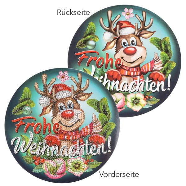 Diamond-Painting-Fensterbild, Rentier Rudolph - Frohe Weihnachten!, Ø18,3cm, inkl. Zubehör