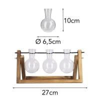Glas-Vasen im Holzständer, 3 Glas-Vasen: Ø 6,5cm, 10cm hoch, Holzständer: 27cm breit