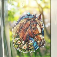 Diamond-Painting-Fensterbild, Glaskunst-Optik, Pferdekopf mit Blüten, 20,2cm x 17cm
