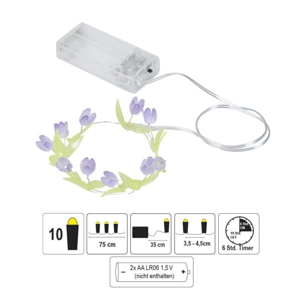 LED-Drahtlichterkette Blümchen, 10 LEDs in Warmweiß, 0,75m lang, Timer