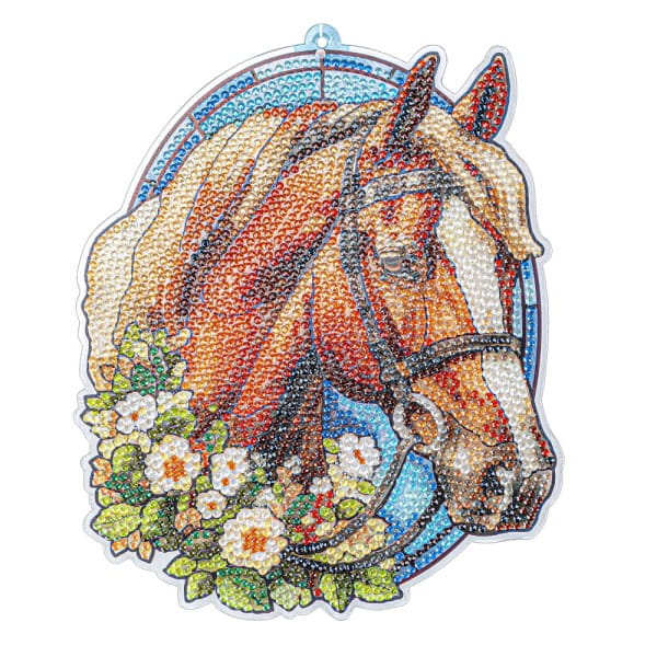 Diamond-Painting-Fensterbild, Glaskunst-Optik, Pferdekopf mit Blüten, 20,2cm x 17cm