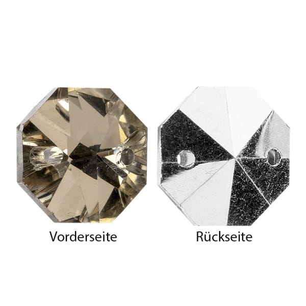 Glaskunst, Koppen, Octagon, Ø 1,2cm, facettiert, taupe/silberfarbene Rückseite, 36 Stück