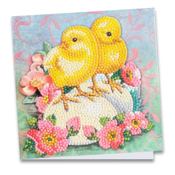 Diamond-Painting-Grußkarte, Küken mit pinkfarbenen Blüten, 16cm x 16cm, inkl. Zubehör