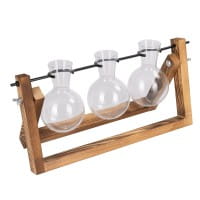 Glas-Vasen im Holzständer, 3 Glas-Vasen: Ø 6,5cm, 10cm hoch, Holzständer: 27cm breit