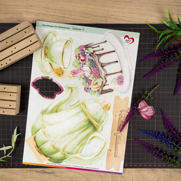 Stanzbogen, Teekanne, für Holzständer, DIN A4, 800g/m², 5 Designs, 5 Bogen