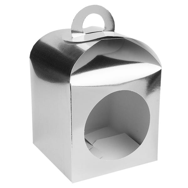 Faltboxen mit Kreis-Ausstanzung, geklebt, 11,5cm x 11,5cm x 11,5cm, Spiegelkarton, silber, 10 Stück