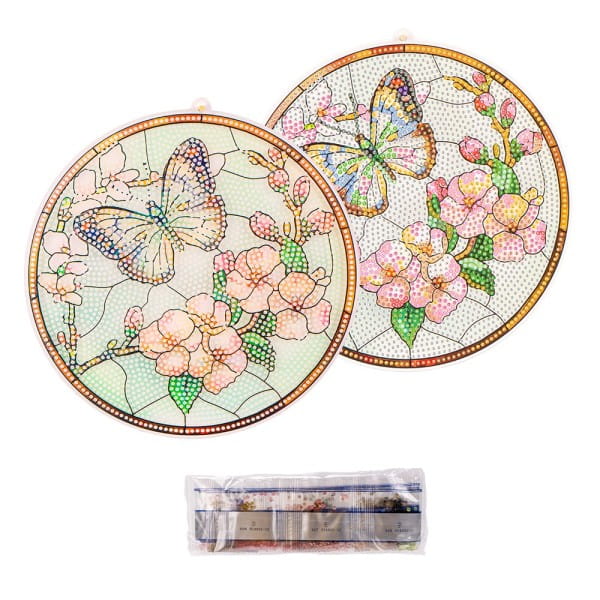 Diamond-Painting-Fensterbild, Glaskunst-Optik, Schmetterling mit Blüten 2, Ø 19,5cm