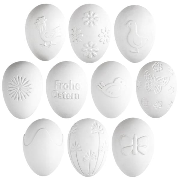 Deko-Eier, Ø 4cm, 5,8cm hoch, weiß, geprägte Ornamentik, 10 versch. Designs, 10 Stück