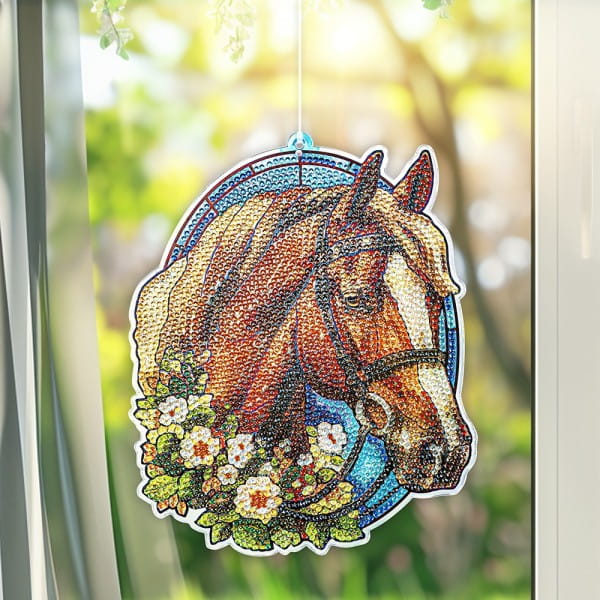 Diamond-Painting-Fensterbild, Glaskunst-Optik, Pferdekopf mit Blüten, 20,2cm x 17cm