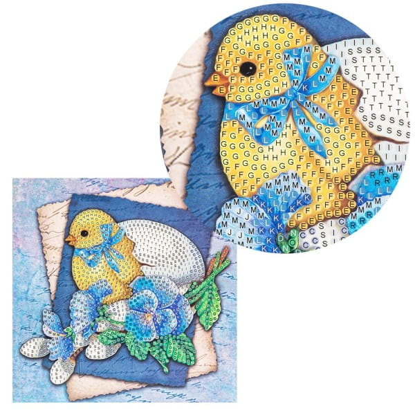 Diamond-Painting-Grußkarte, Strass, Küken mit Ei und blauen Blüten, 16cm x 16cm, inkl. Zubehör