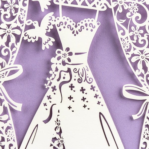 Laser-Grußkarte "Hochzeit 4", 12cm x 18cm, mit Umschlag & fliederfarbenem Einleger