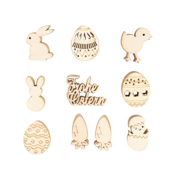Streu-Deko, Holz, Frohe Ostern, 9 versch. Designs, je 6 Stück, 54-teilig