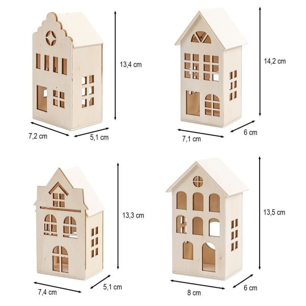 Häuser aus Holz, Sortierung 2, 4 Größen und Designs, mit Öffnung, 4 Stück