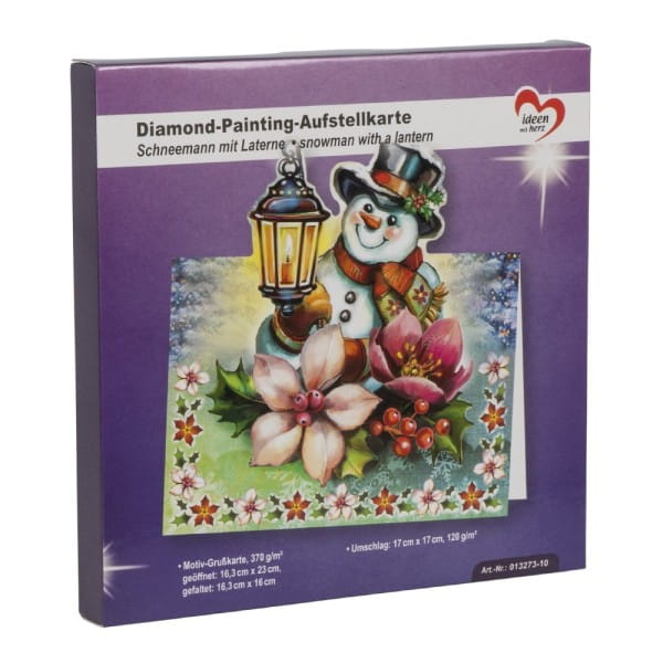 Diamond-Painting-Aufstellkarte, Schneemann mit Laterne, 16,3cm x 16cm, inkl. Umschlag & Werkzeug
