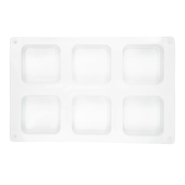 Silikonform für 6 Quadrate in der Größe 5,4cm x 5,4cm x 2,7cm, mit abgeschrägter Kante