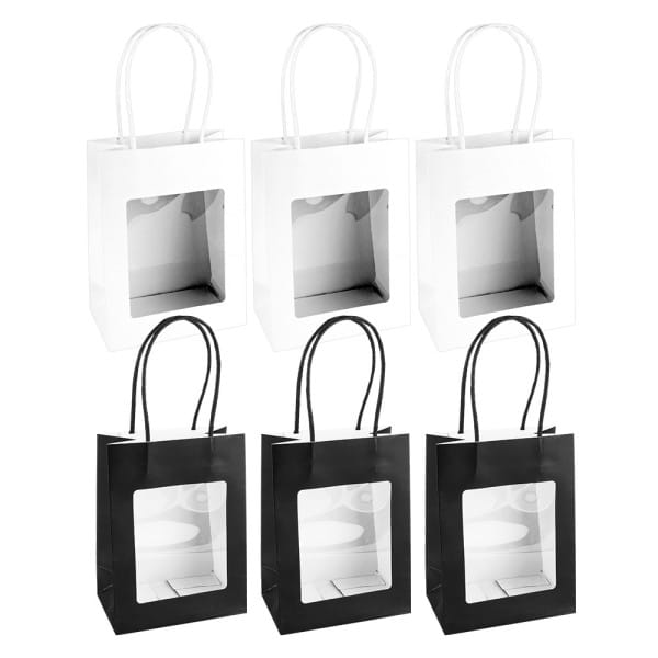 Geschenktaschen mit Folien-Sichtfenster & Henkel, 7,5cm x 12,5cm, 16,5cm, weiß, schwarz, 6 Stück