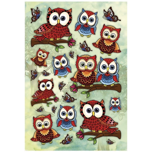 3-D Stickerbogen, Eulen auf Ästen 3, 12,5 x 18,5 cm