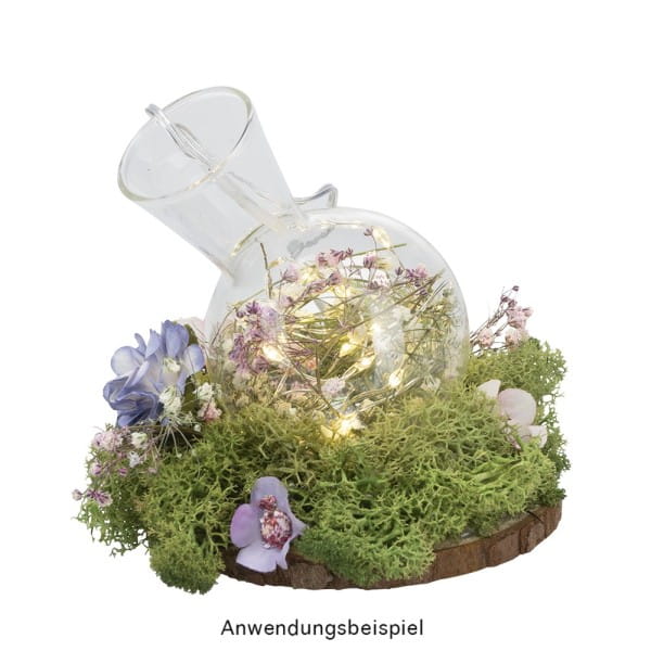 Glas-Vasen im Holzständer, 3 Glas-Vasen: Ø 6,5cm, 10cm hoch, Holzständer: 27cm breit