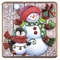 Relief-Sticker, Schneemann & Pinguin auf Holzpaneelen, Holz-& Metallic-Optik, 18cm x 17,5 cm