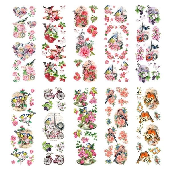 Transparent-Stickerbogen, Vintage Vögel & Schmetterlinge, versch. Designs, 10cm x 30cm, 10 Bogen
