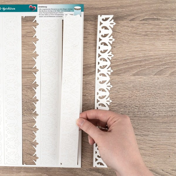 Stanzbogen, Bordüren, DIN A4, 300 g/m², 2 versch. Bogen, 5 versch. Veredelungen, 10 Bogen