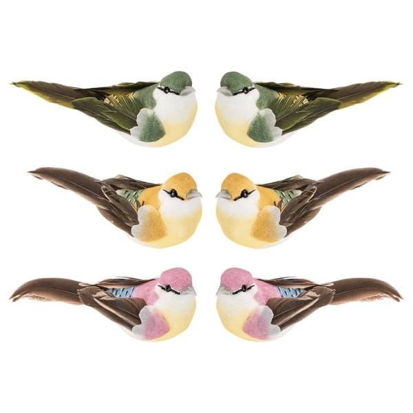 Deko-Federvögel, Sortierung 1, 3,3cm x 8cm x 3,2cm, je 2x gelb, rosa, dunkelgrün, 6 Stück