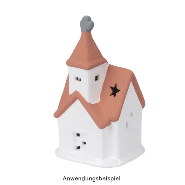 LED-Kirche, Porzellan, weiß, 12,5cm x 7cm x 5,2cm, 1 LED-Lämpchen warmweiß, inkl. 2 Knopfzellen
