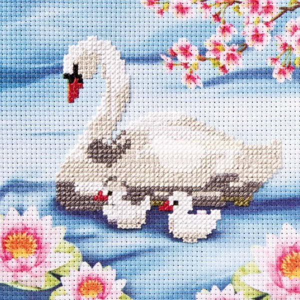 Stickbild-Set, malerischer Hintergrund,  14,5x14,5cm, Schwan