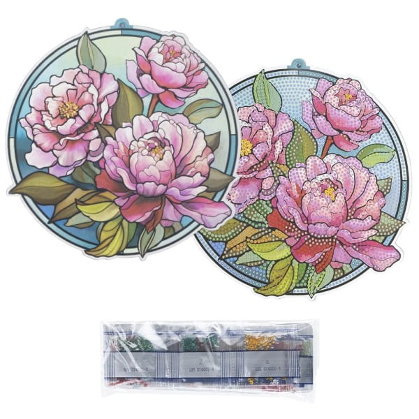Diamond-Painting-Fensterbild, Glaskunst-Optik, Pfingstrosen, 19,8cm x 19,1cm