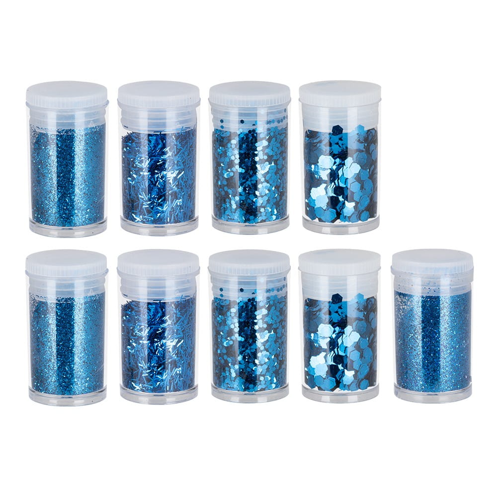 Deko-Glitzer Vielfalt, 9 Dosen mit je 2g, 5 Variationen, blau | Glimmer | Strass & Streu-Deko | Deko- & Geschenkartikel